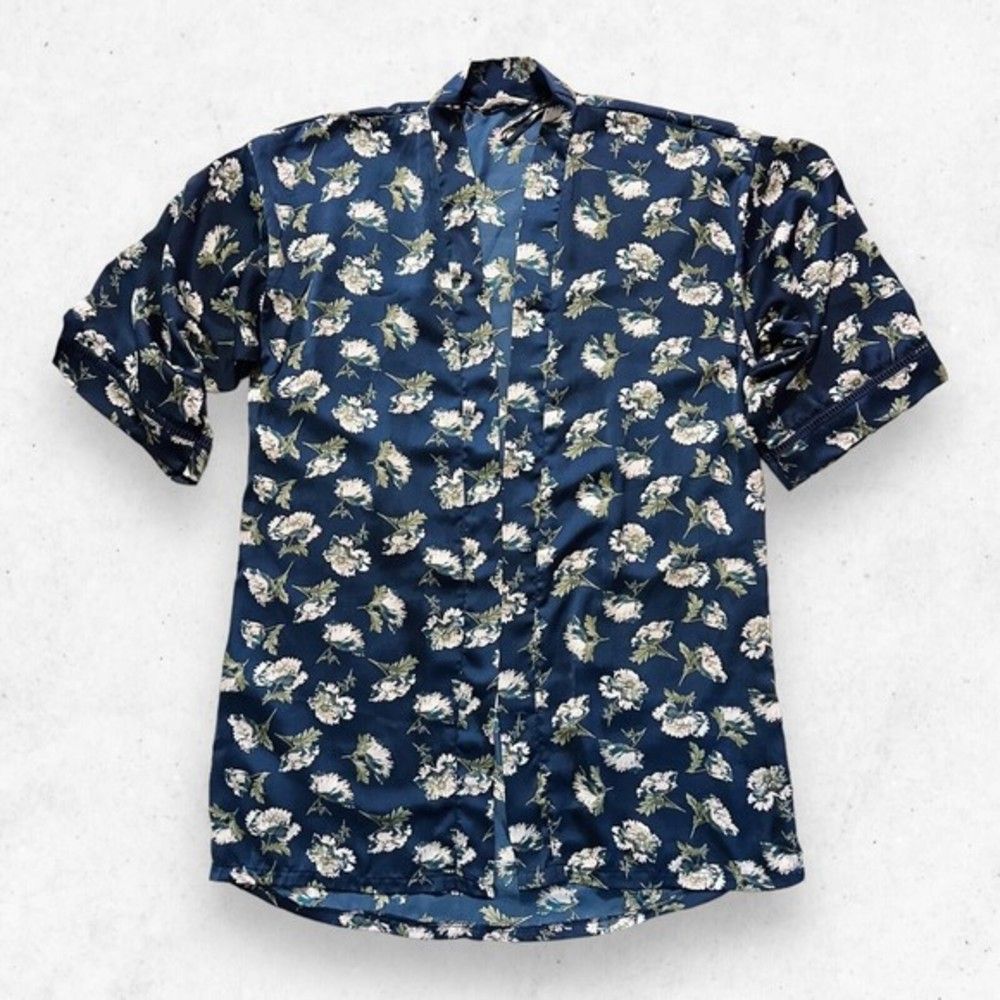 Lucky Brand Blue Floral Midi Kimono Open Robe Women's Size Large Short Sleeves‎
